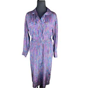 Vintage Schrader sport button down belted long sleeve shirt polyester dress 12